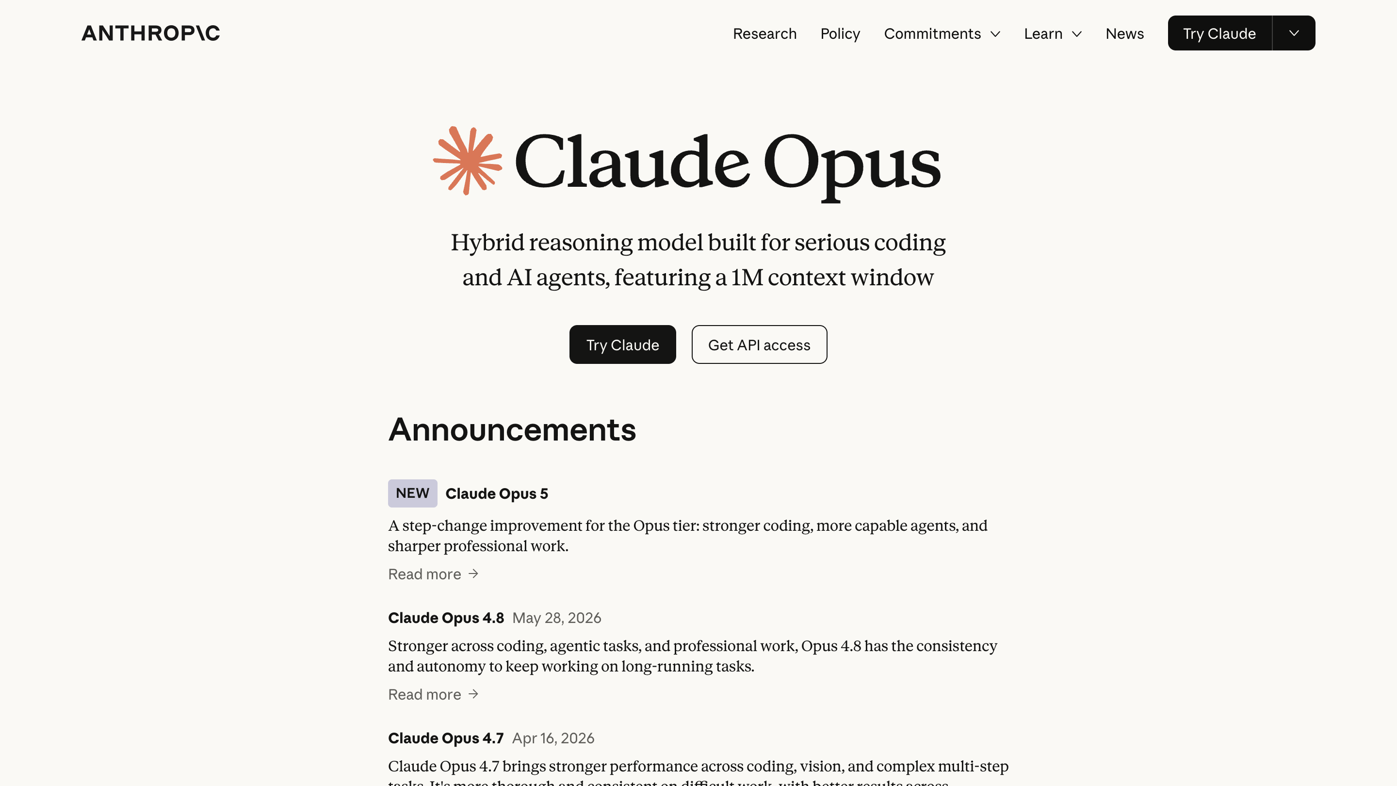 Anthropic Claude Opus 產品頁顯示 Claude Opus 5 新模型公告