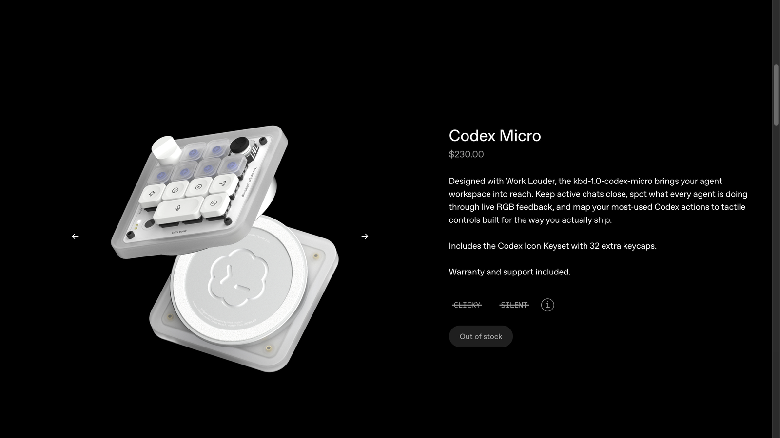 OpenAI Codex Micro 官方產品頁顯示鍵盤外觀、USD 230 售價與缺貨狀態