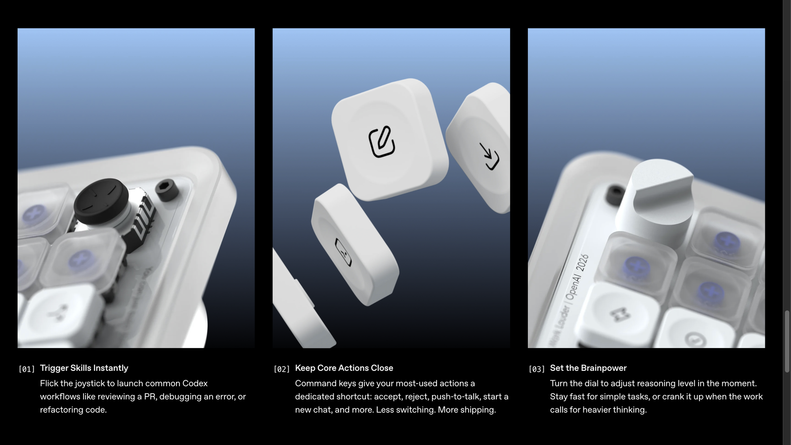 OpenAI Codex Micro 官方頁展示搖桿、Command Keys 與推理層級旋鈕