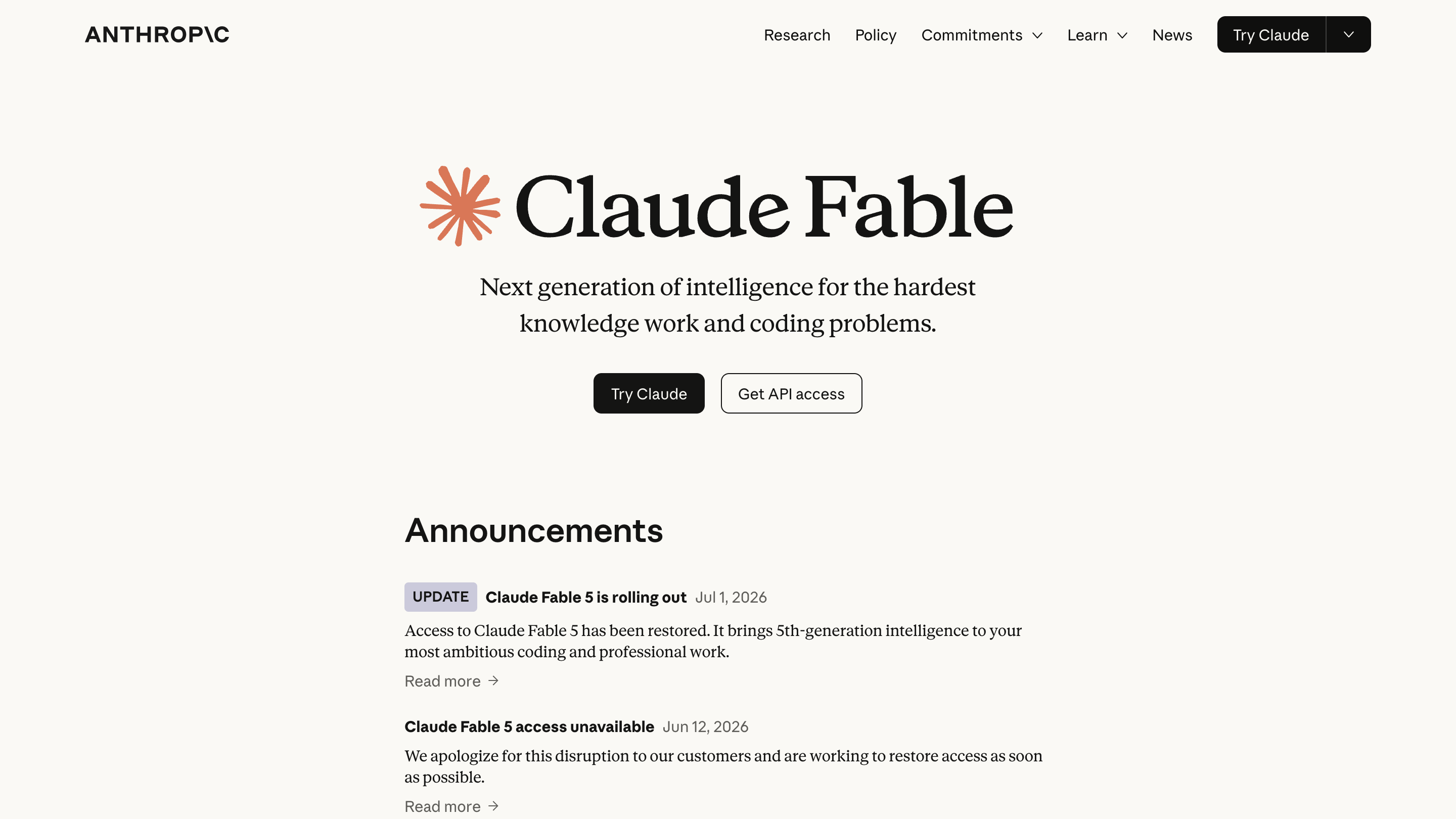 Anthropic Claude Fable 5 產品頁首頁與模型定位