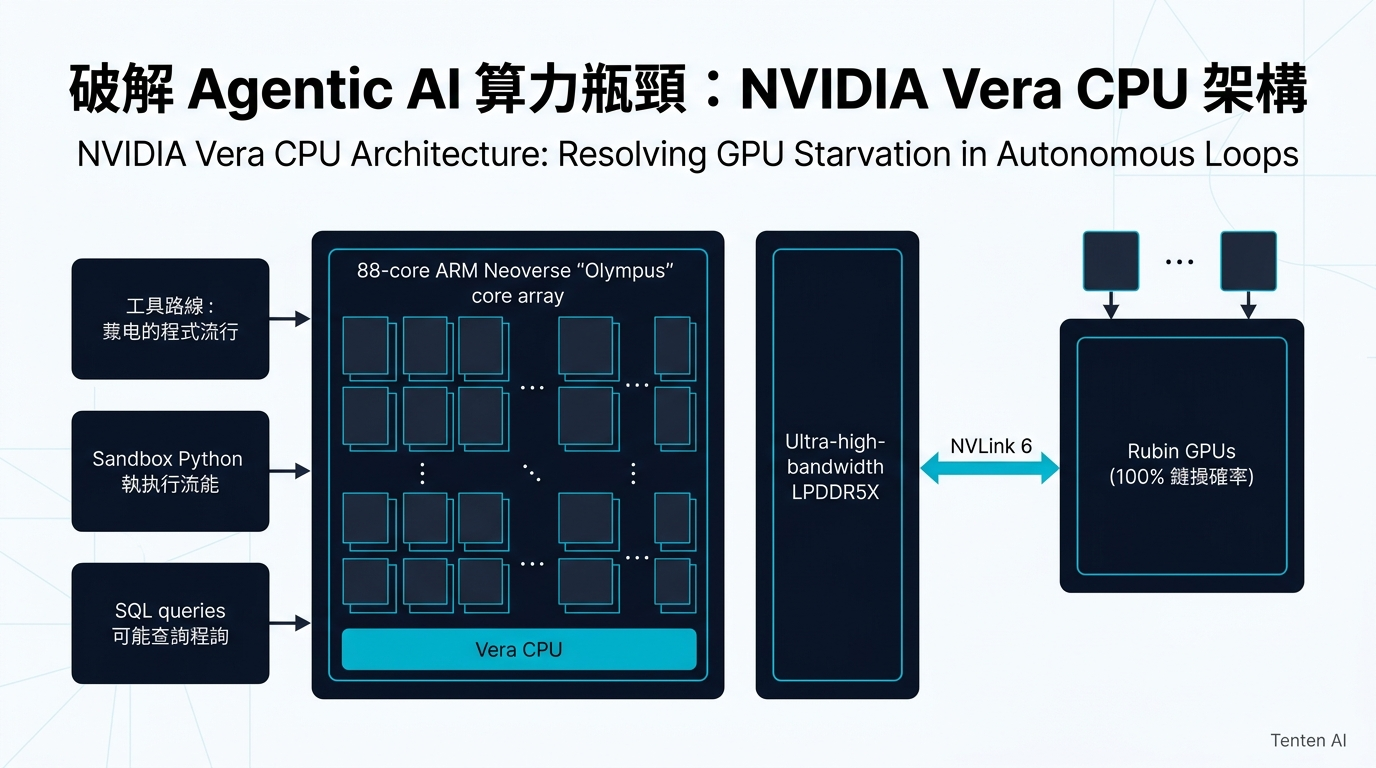 破解 Agentic AI 算力瓶頸：NVIDIA Vera CPU 88 核 Olympus 架構與 NVLink 6 直連圖