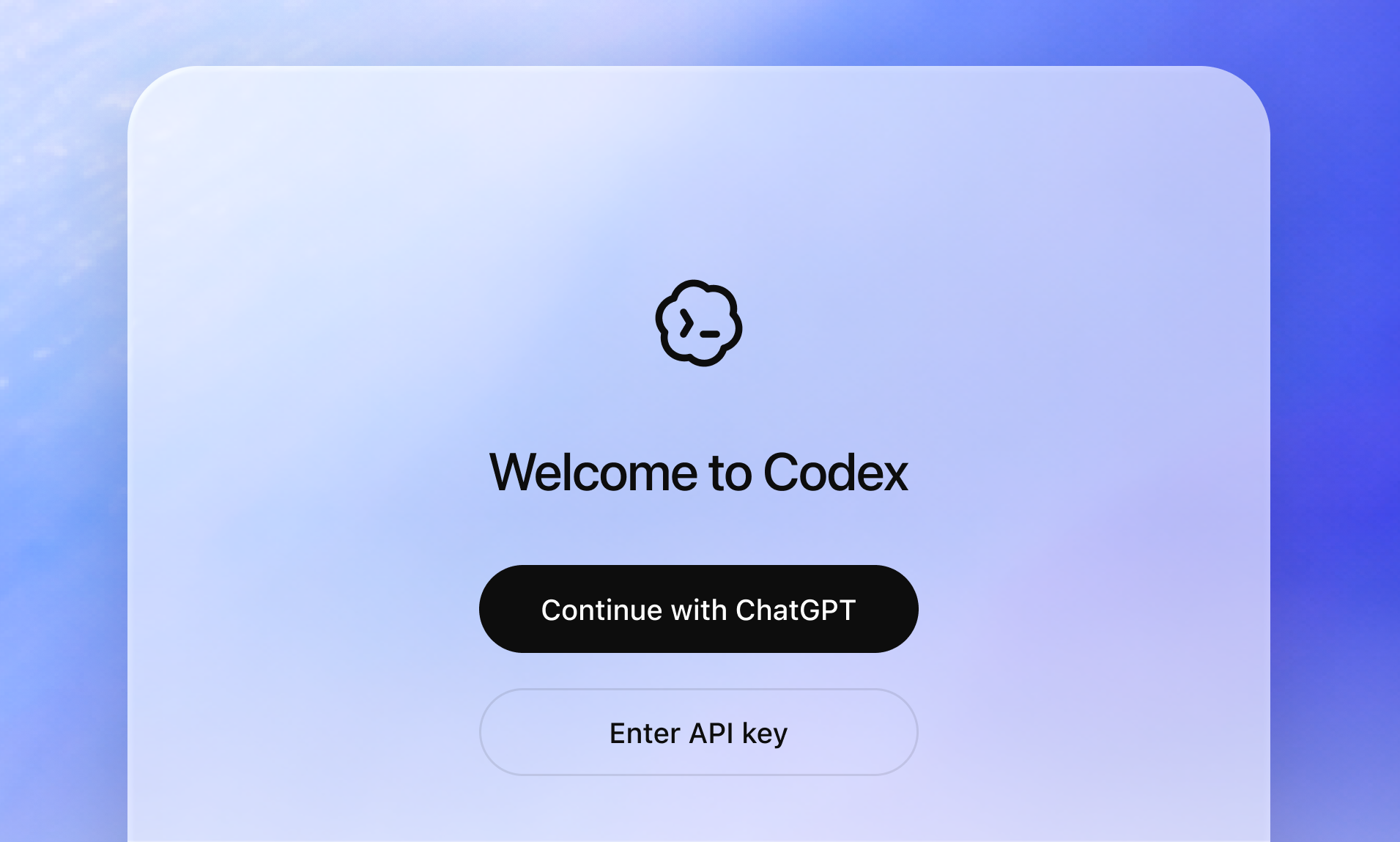 Codex welcome screen with options to continue through ChatGPT or enter an API key.