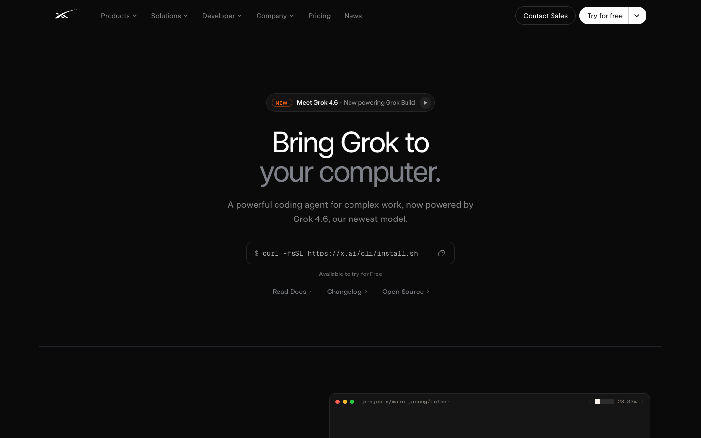 Grok Build 官方首頁,顯示終端安裝指令與 Grok 4.6