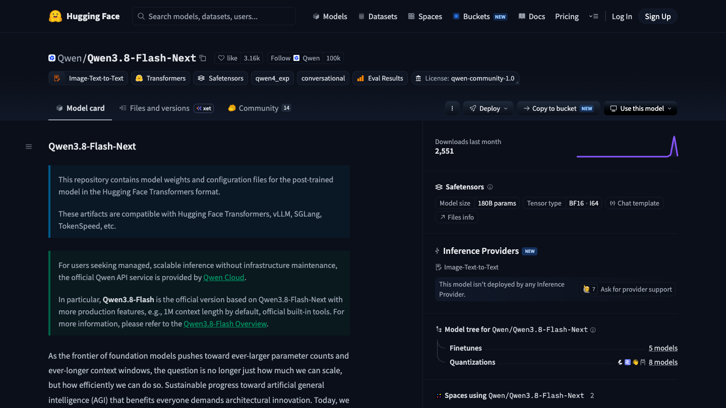 Official Qwen3.8-Flash-Next model page and release identity