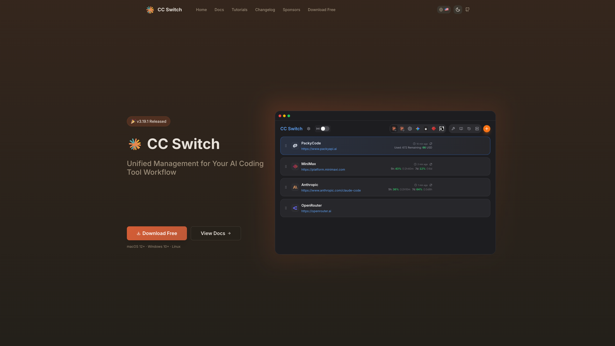 CC Switch 3.19.1 官方首頁與多工具 Provider 管理主介面