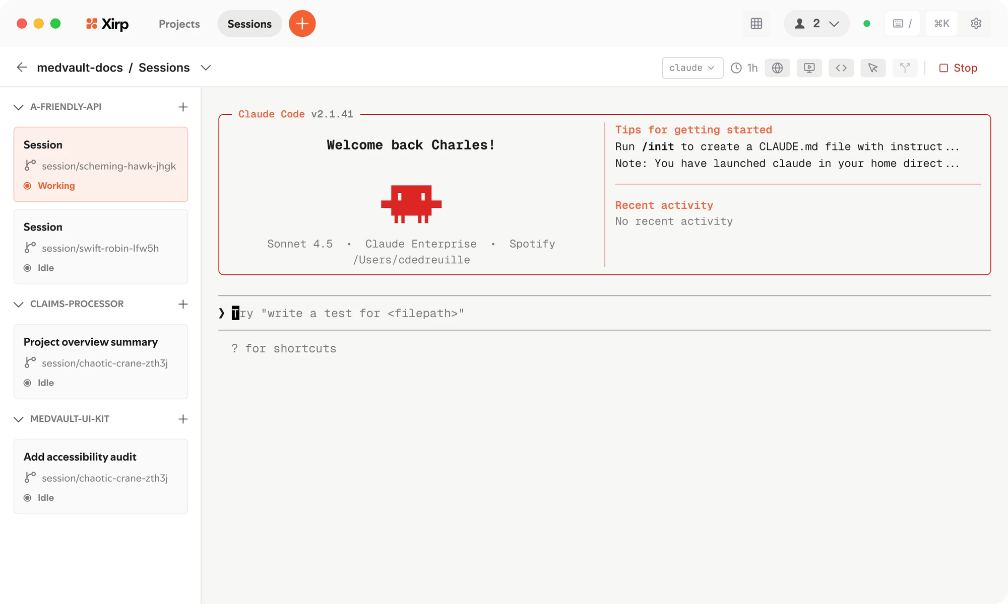 Xirp 桌面版同時顯示多個 coding agent 工作階段與 Claude Code 終端機。