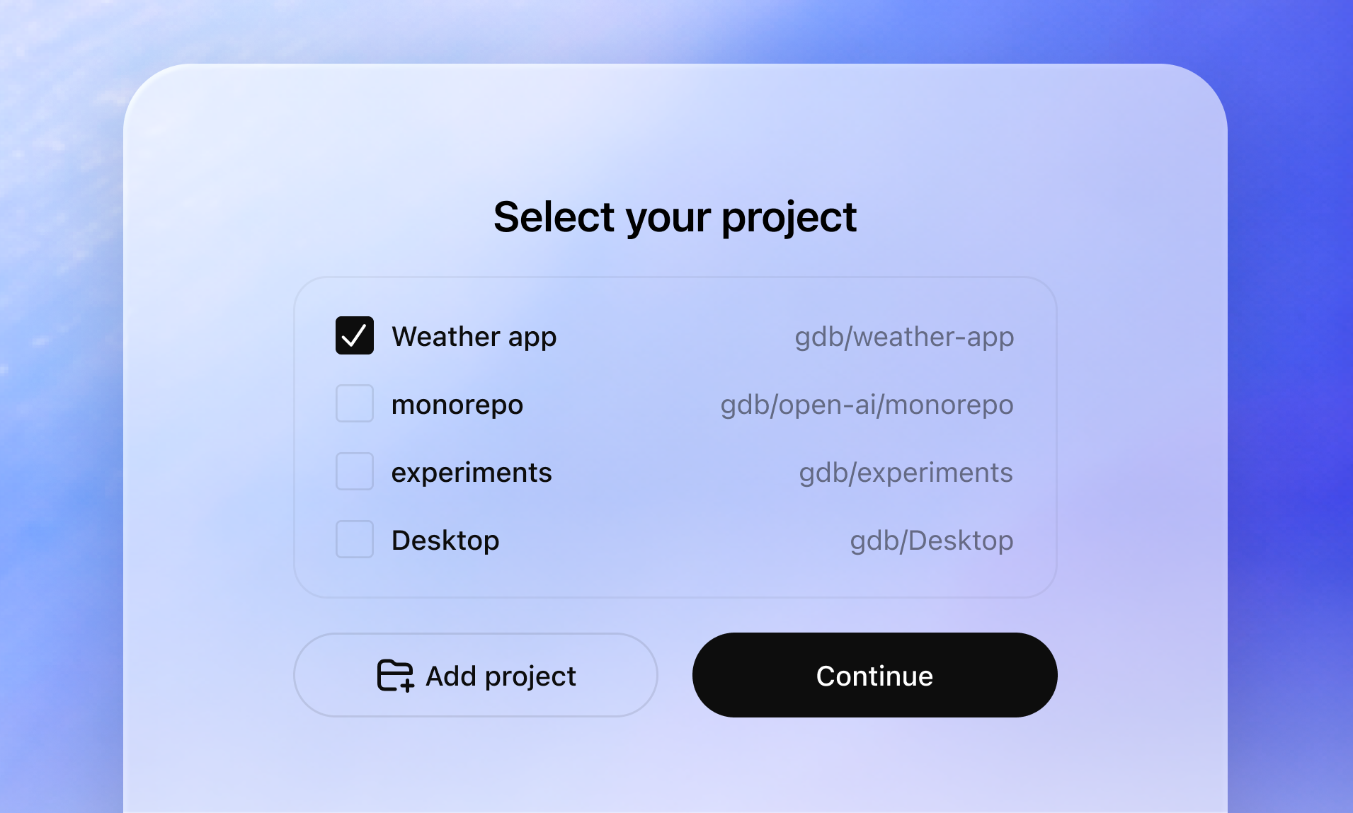 Codex project selector listing local projects that can be opened.