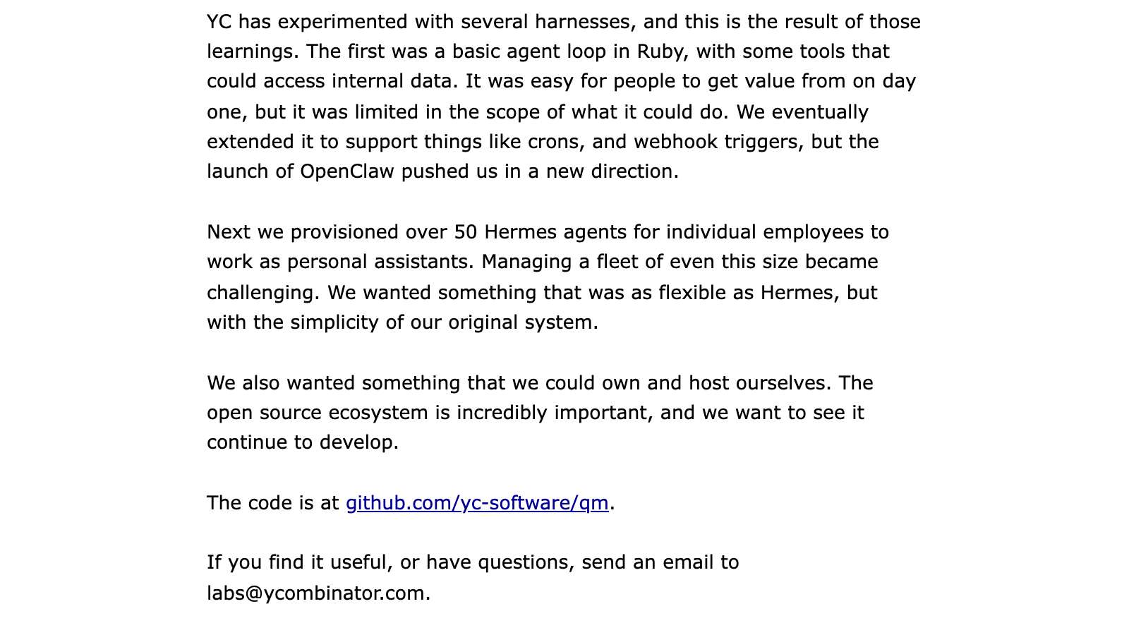 QM 官方頁回顧 YC 先前的 Ruby Agent loop 與 50 多個 Hermes Agent 部署