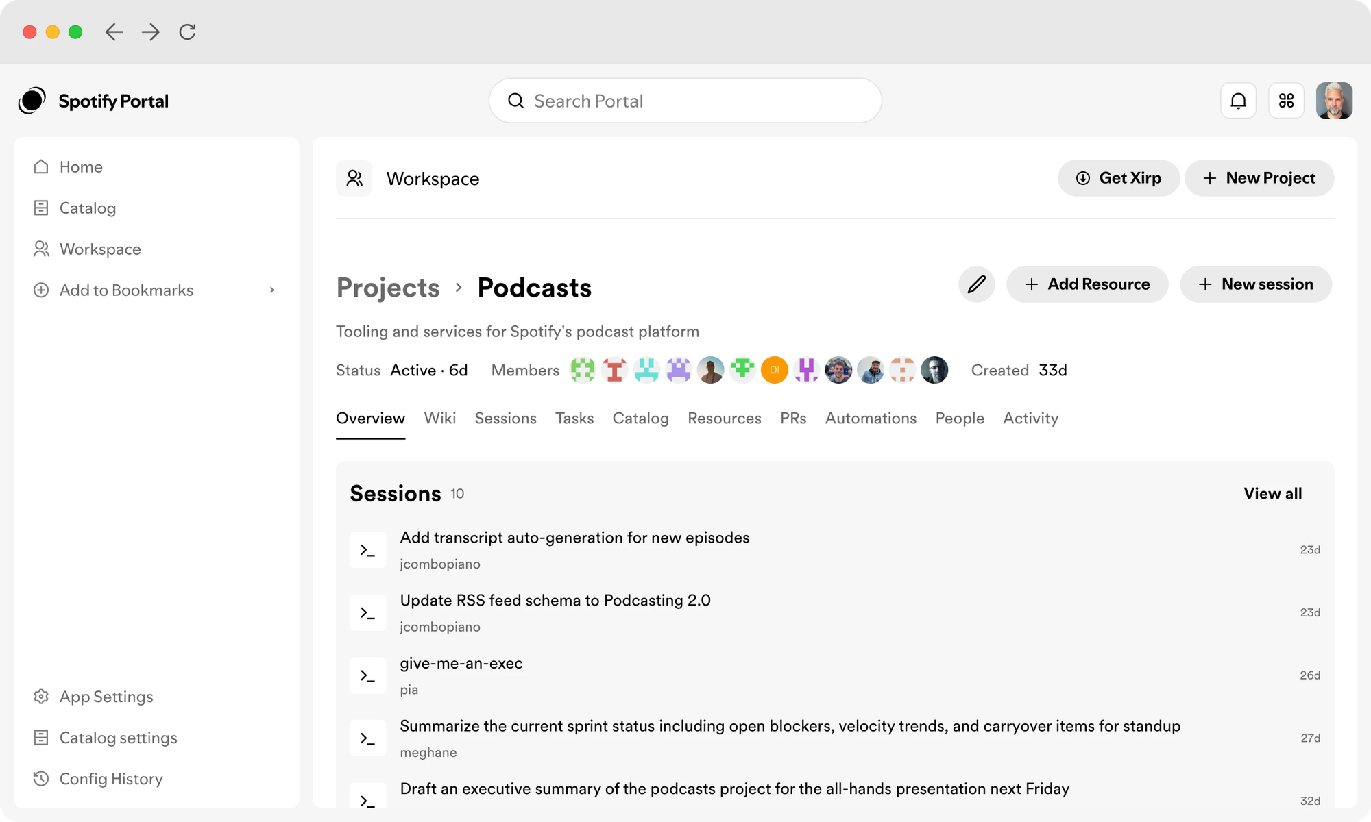 Spotify Portal 的 Workspace 頁面,整合專案 session、成員、Catalog 與資源。