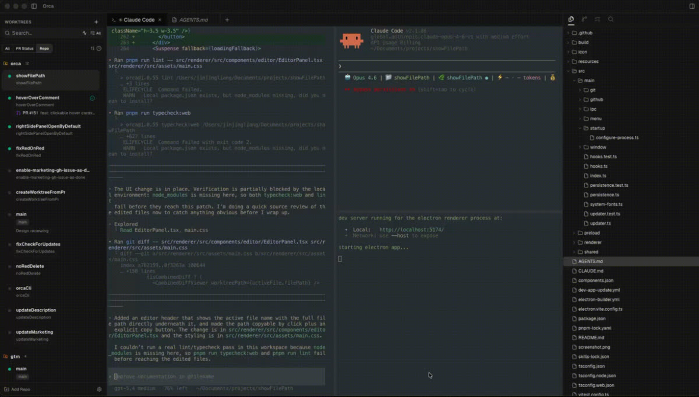Orca 可將專案檔案直接交給工作樹內的 CLI Agent