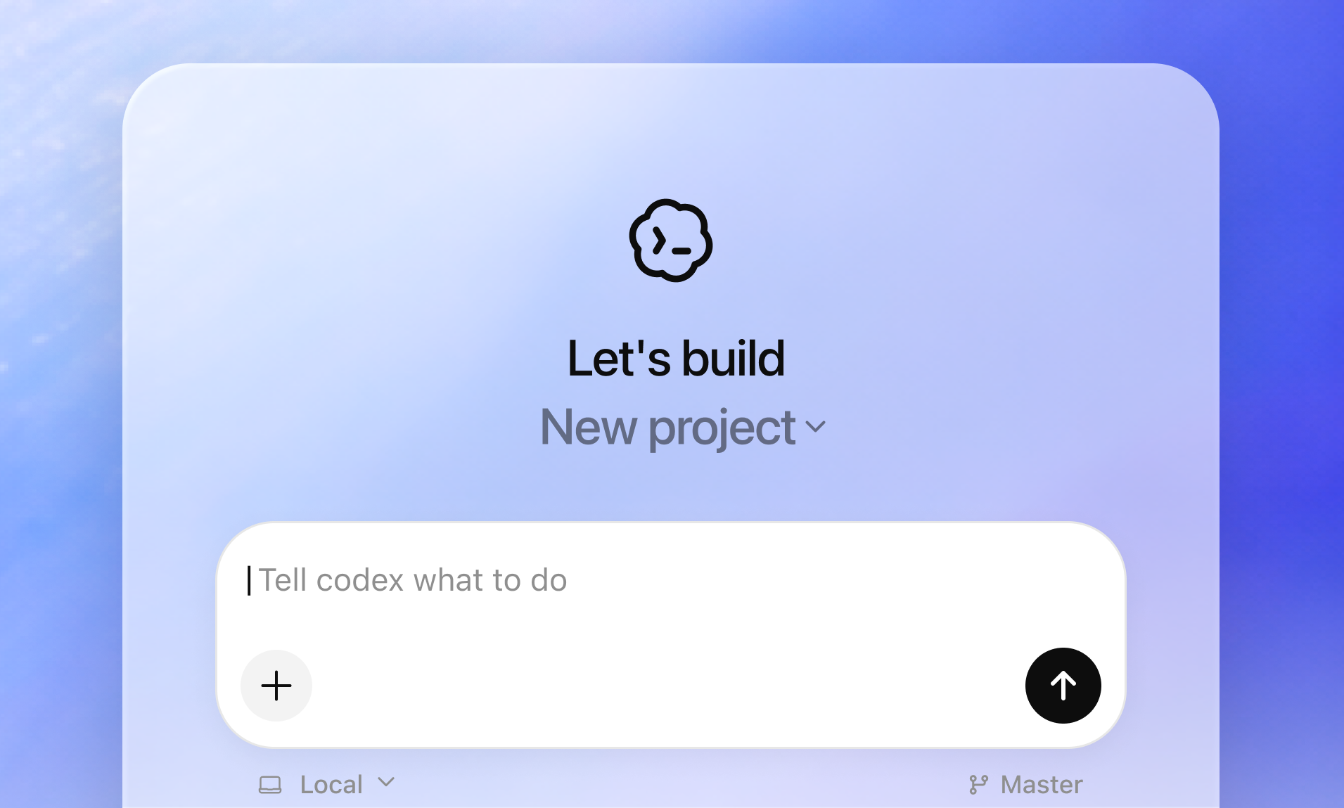 Codex new-project workspace with a task field, Local mode, and branch selector.