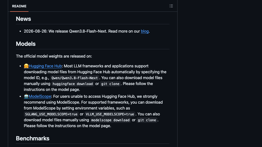 Official Qwen3.8-Flash-Next release record and weight distribution channels