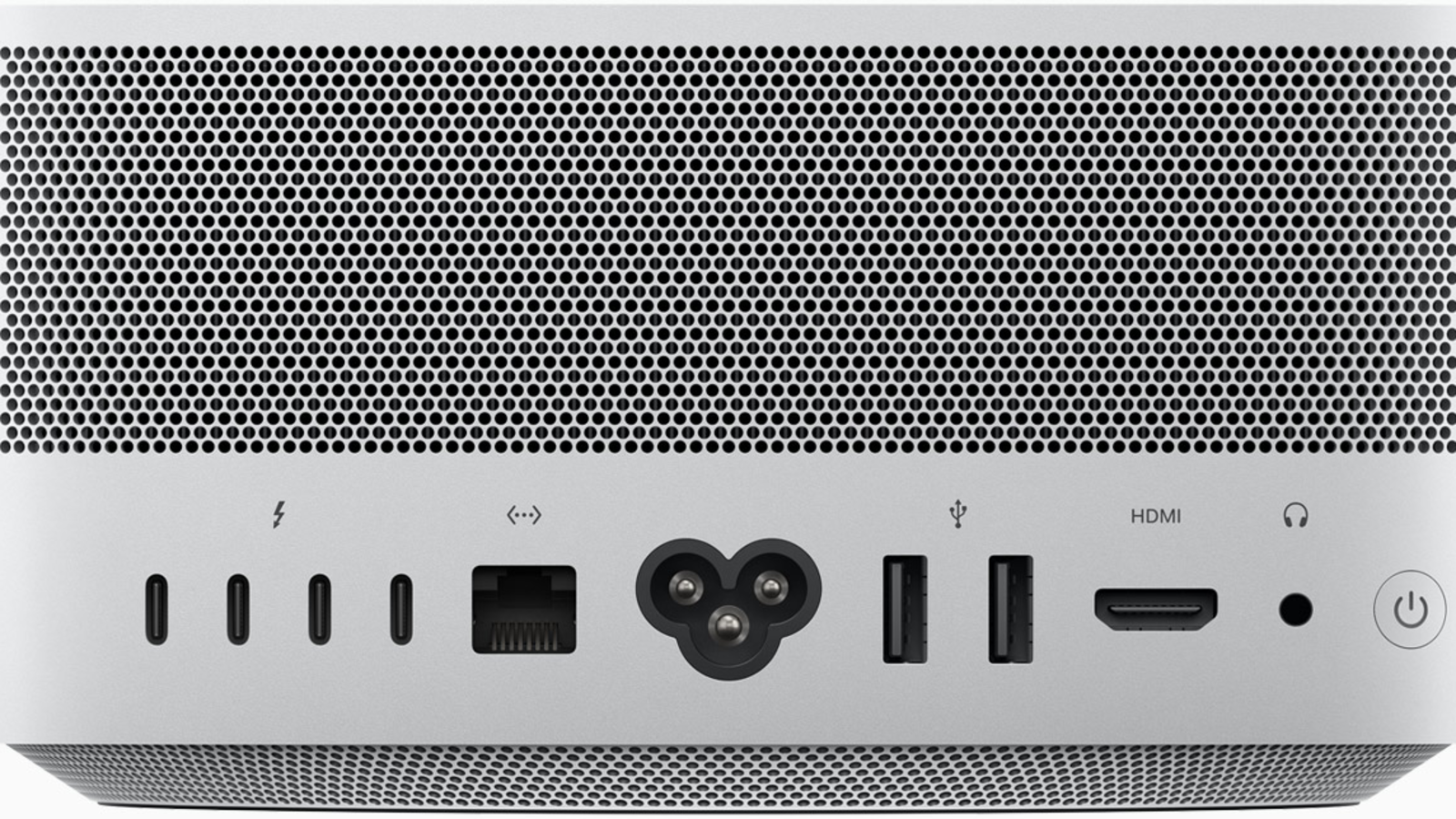 Apple 官方 Mac Studio 背面連接埠，包含 Thunderbolt 5、Ethernet、USB-A、HDMI 與耳機孔