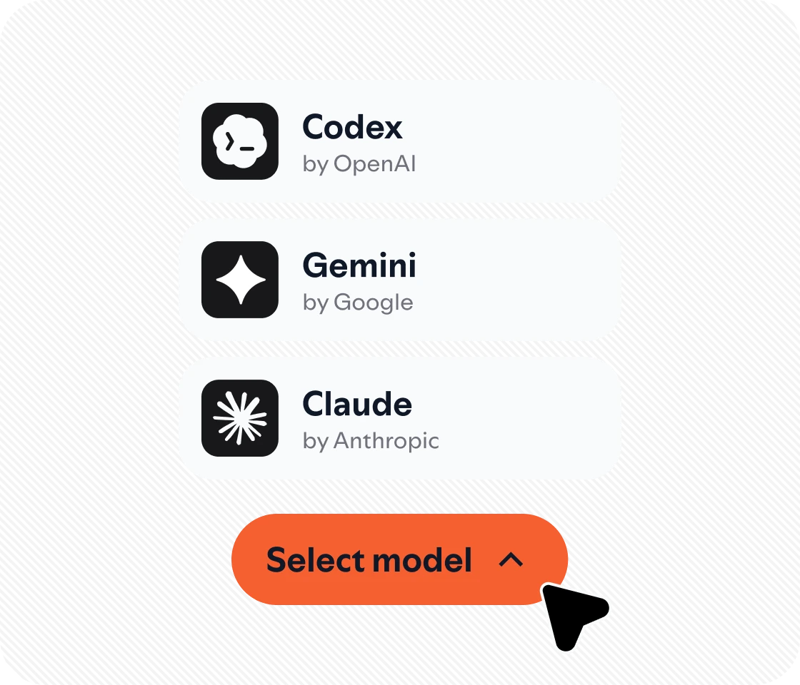 Xirp 的模型選擇器列出 Codex、Gemini 與 Claude 三種 coding agent。