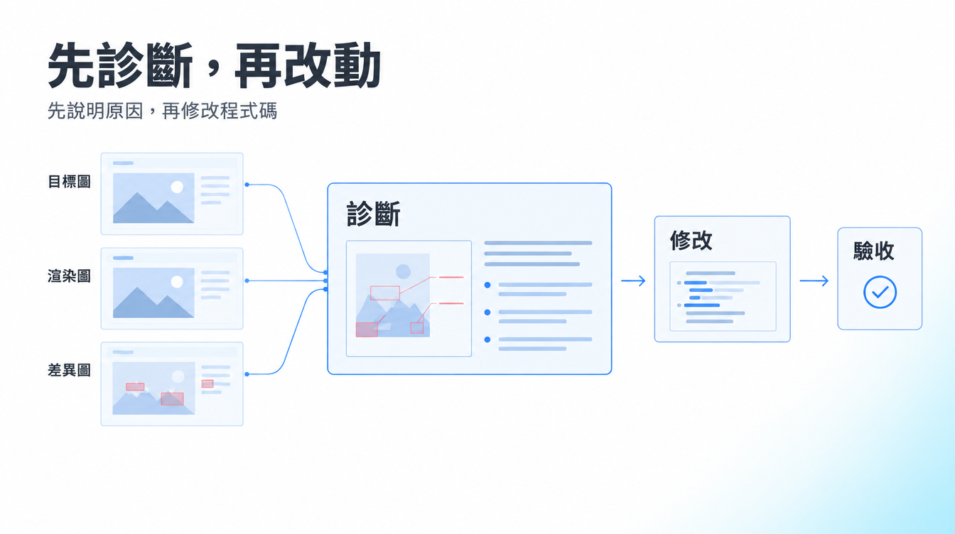 先診斷再改動：原圖、渲染與差異圖共同進入診斷