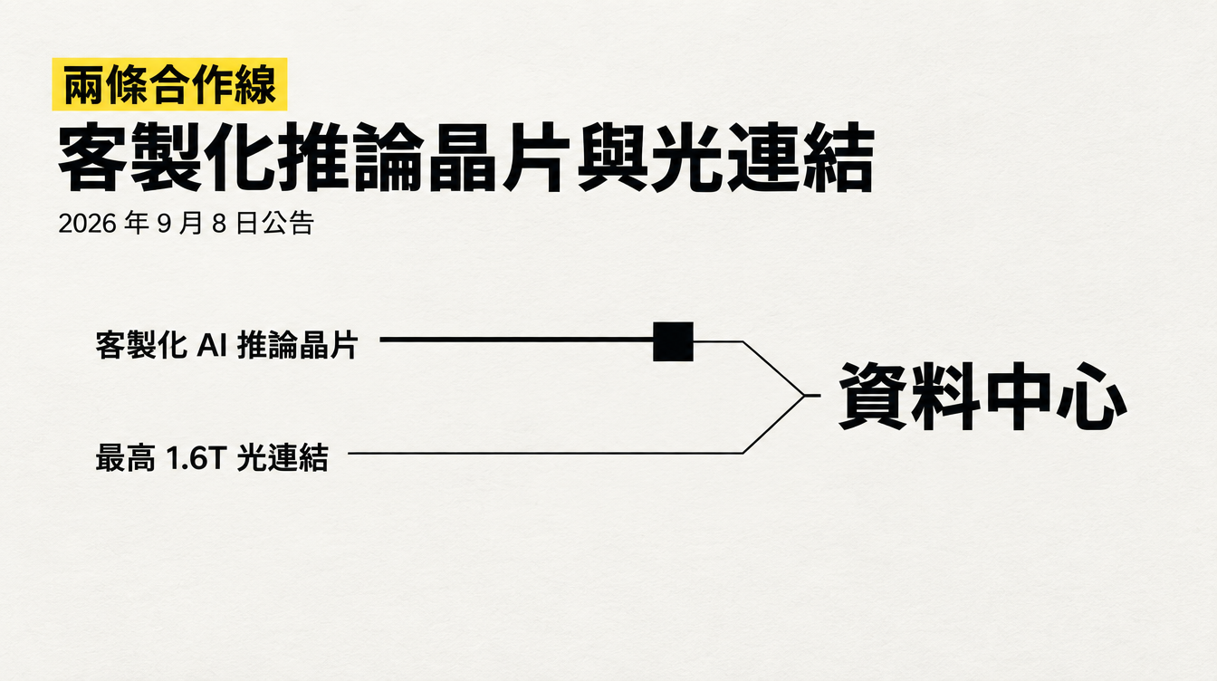 合作公告涵蓋客製化推論晶片與最高 1.6T 光連結,未揭露完整型號與交貨量。