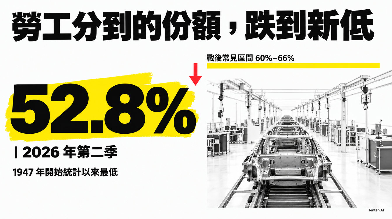 美國非農業部門勞動所得占比在 2026 年第二季降至 52.8%,為 1947 年開始統計以來最低,戰後常見區間為 60% 到 66%