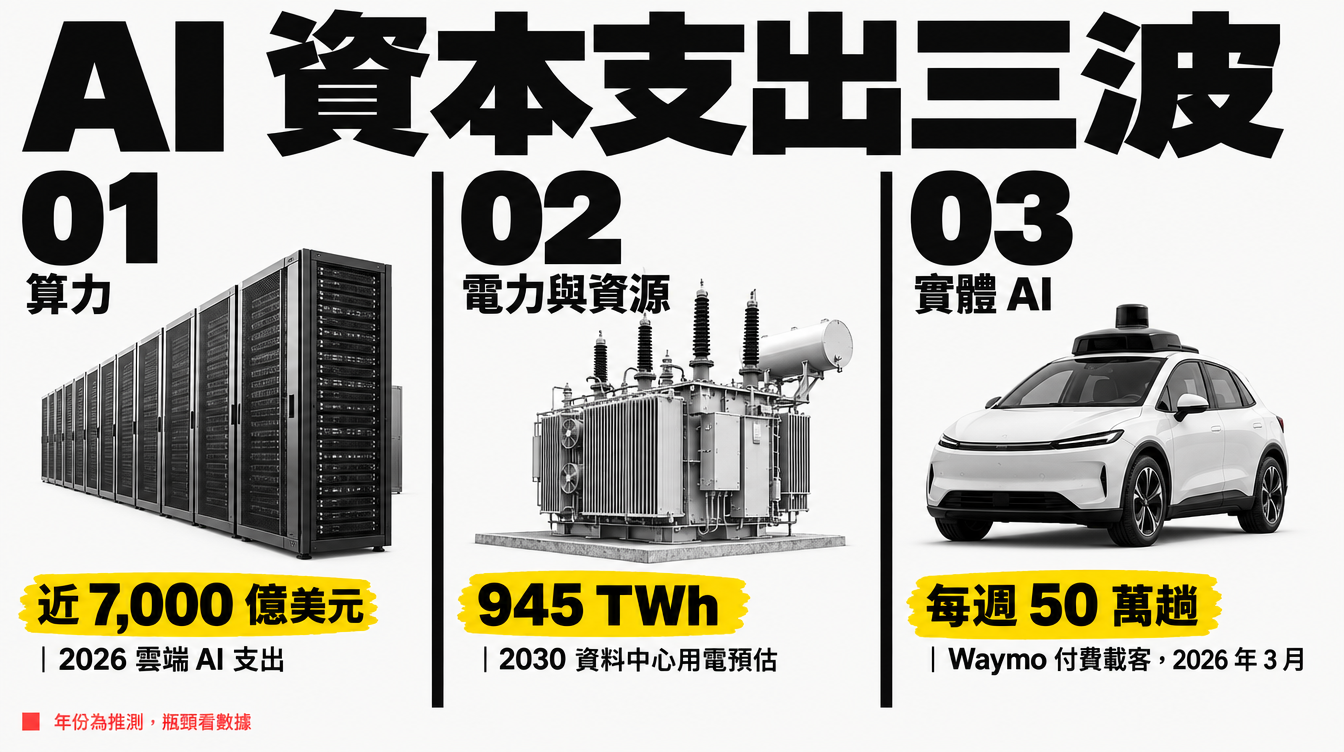 AI 資本支出三波：算力、電力與資源、實體 AI，各自對應的最新數據