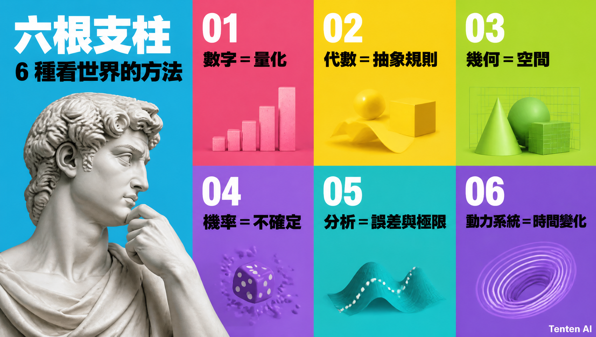 陶哲軒提出的六大數學支柱：數字、代數、幾何、機率、分析與動力系統