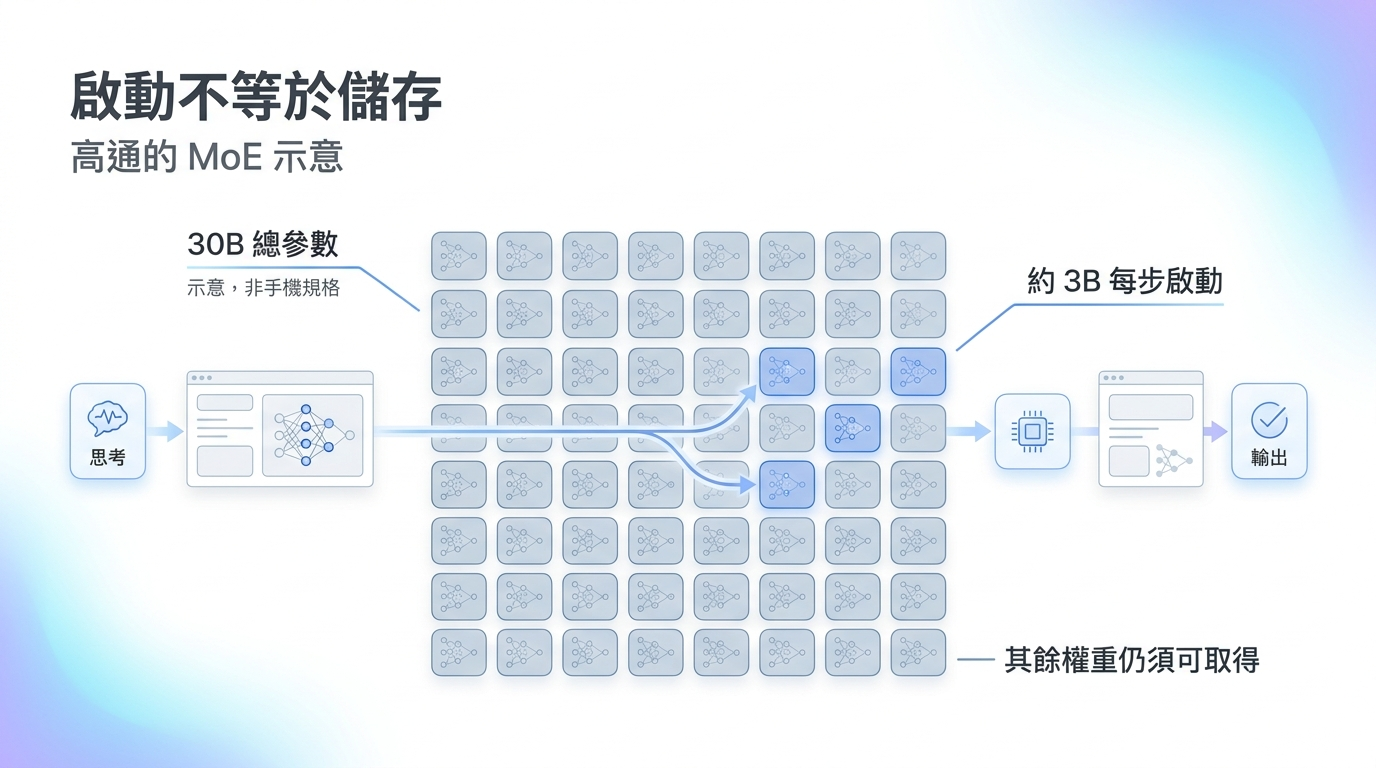 MoE 總參數與每步活躍參數示意,其餘權重仍須可取得