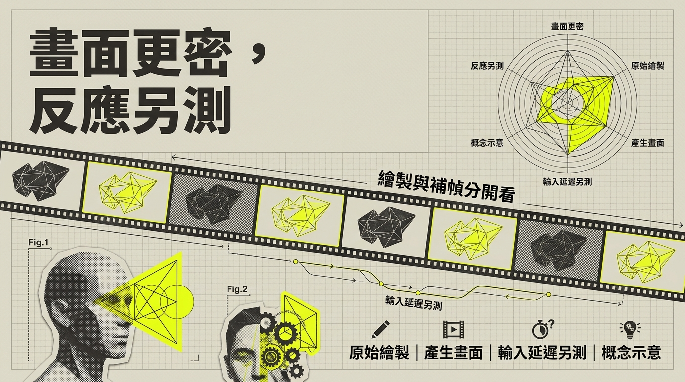 原始繪製與補幀畫面分開呈現,輸入延遲另行測試的概念示意