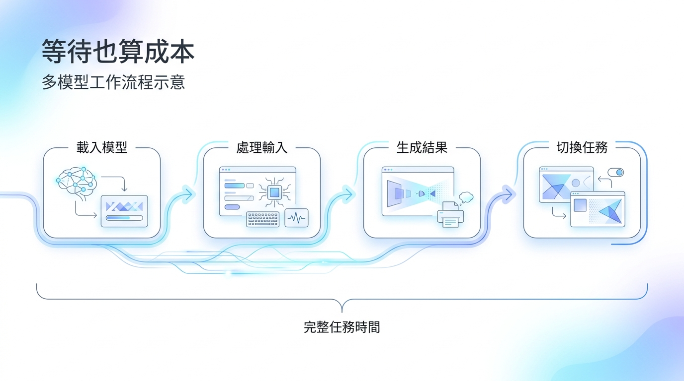 多模型任務由載入、處理輸入、生成結果與切換組成,完整時間包含每一步等待