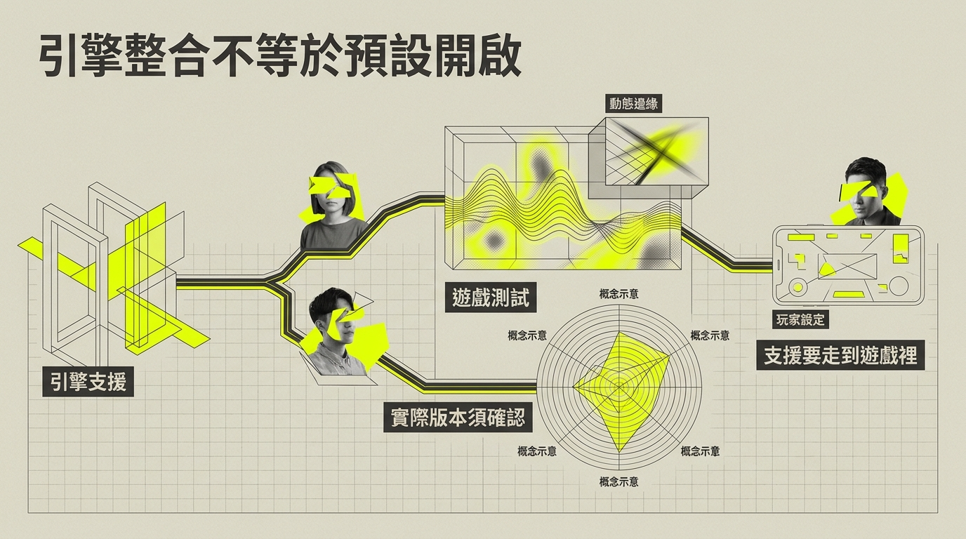 引擎支援經過遊戲測試與玩家設定,才能進入實際遊戲版本的概念示意
