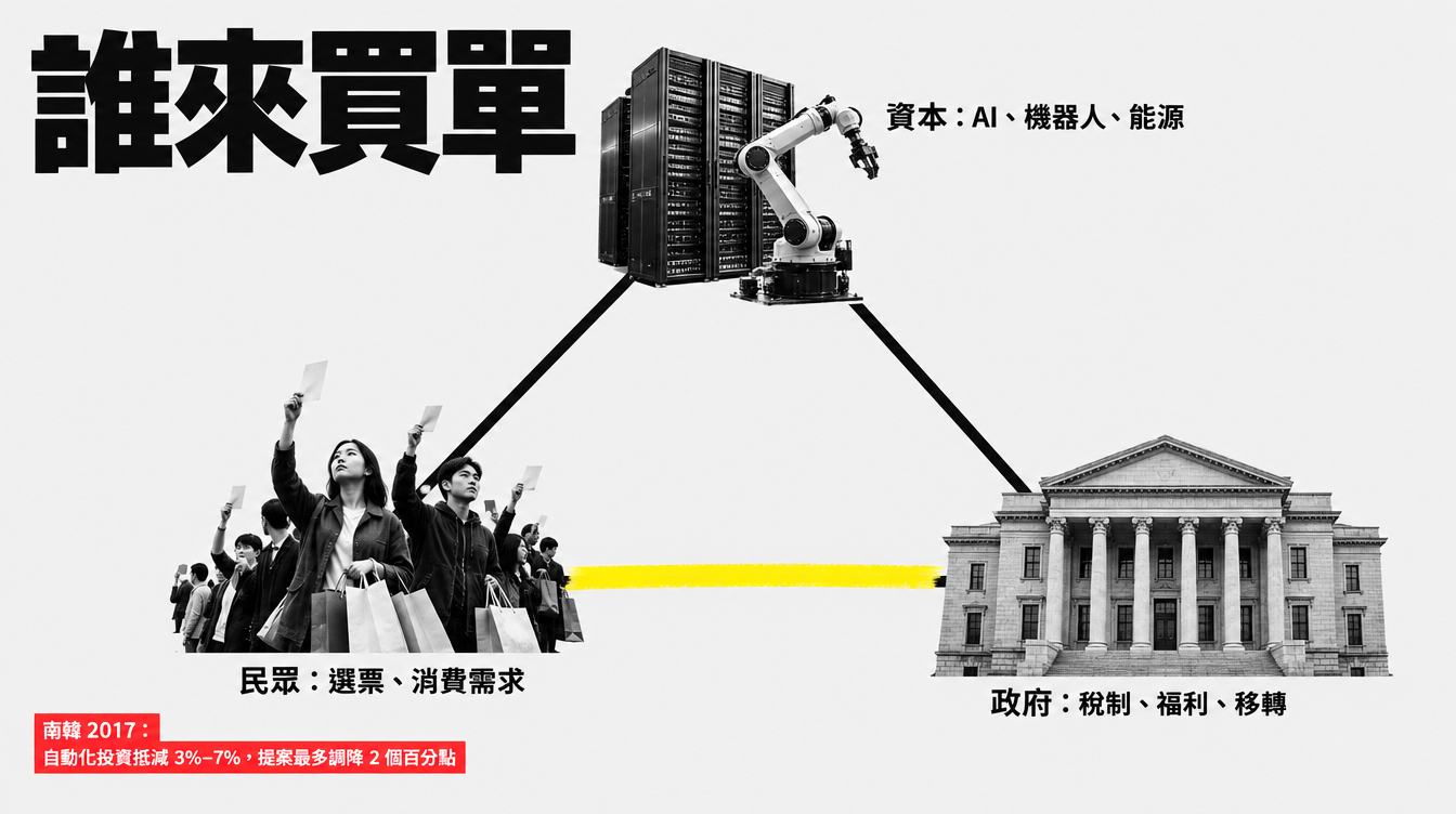 資本、民眾與政府的三方關係:資本握有 AI、機器人與能源,民眾握有選票與消費需求,政府掌握稅制、福利與移轉