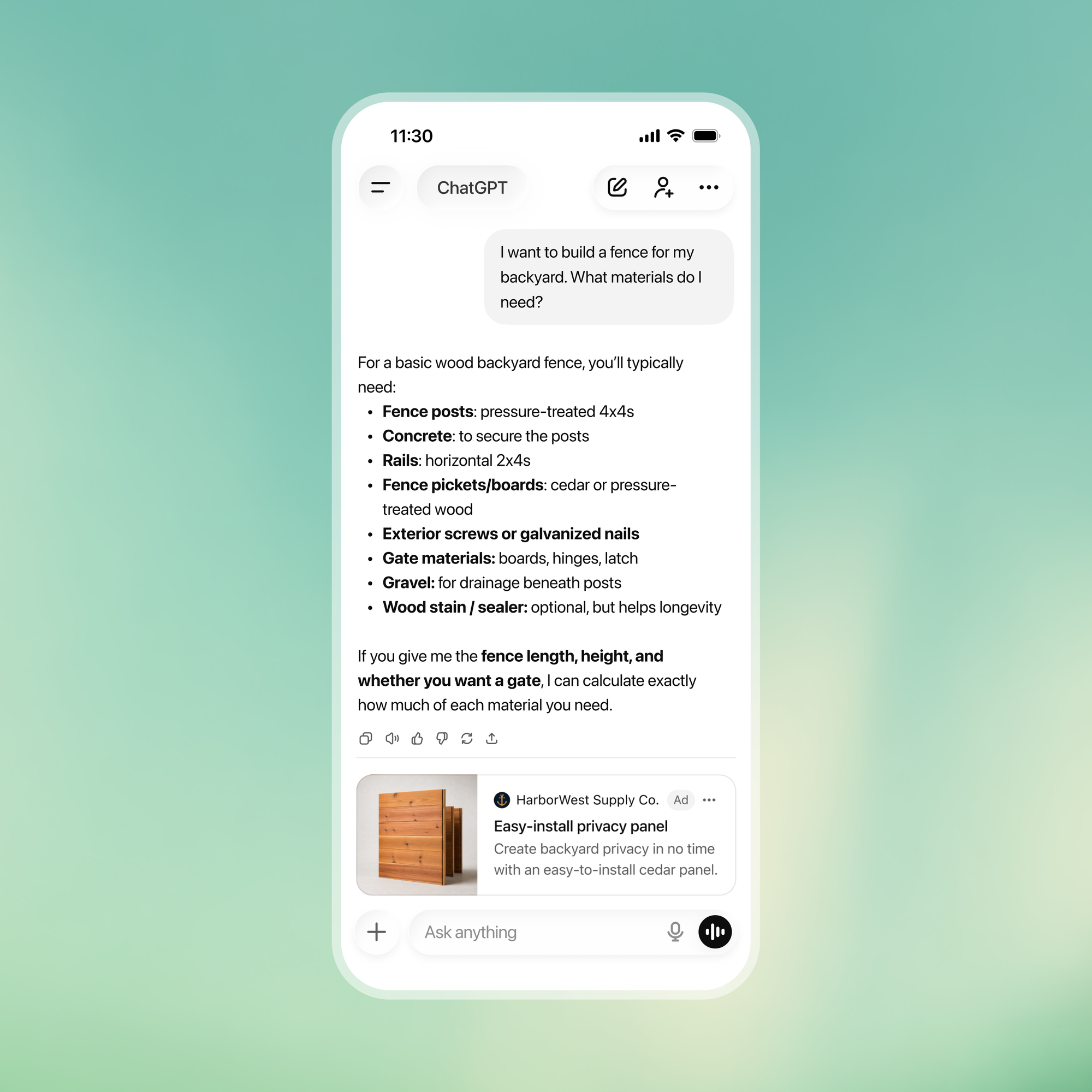 OpenAI illustration of an ad labeled Ad below a ChatGPT answer