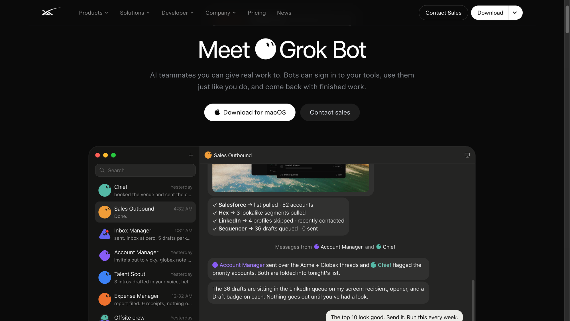 Grok Bot 官方產品頁:多個具名 Bot 在同一個產品介面裡分工、回報與等待核可