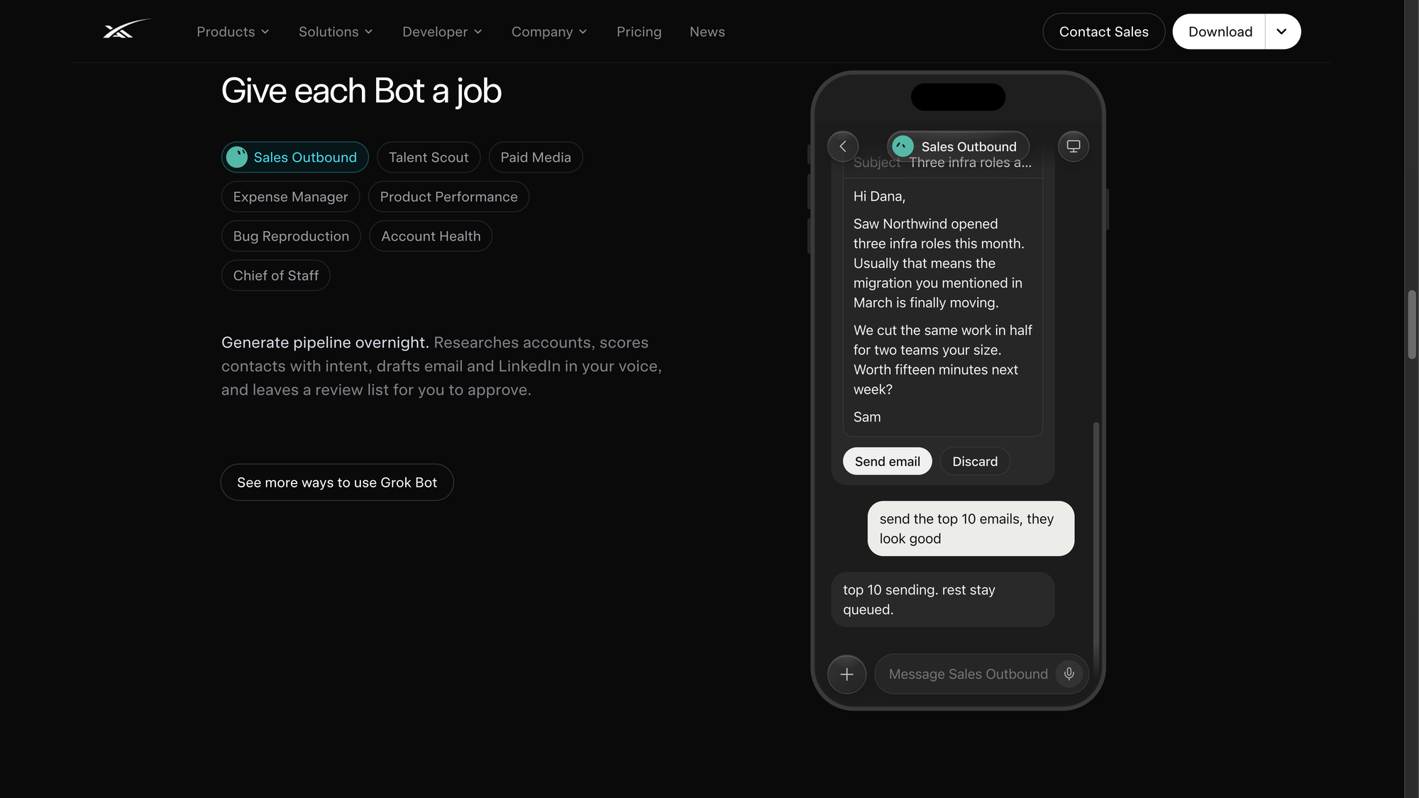 Grok Bot 官方頁「Give each Bot a job」:職務分類與 Bot 等待使用者核可後才送出的對話流程