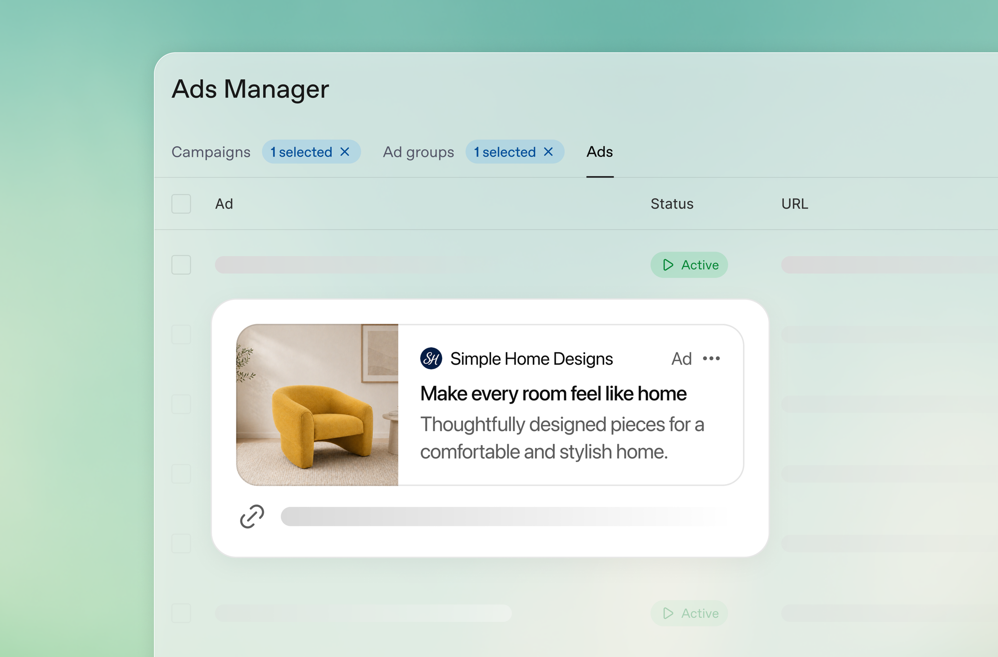 OpenAI illustration of Ads Manager with Campaigns, Ad groups and Ads tabs and a sample ad