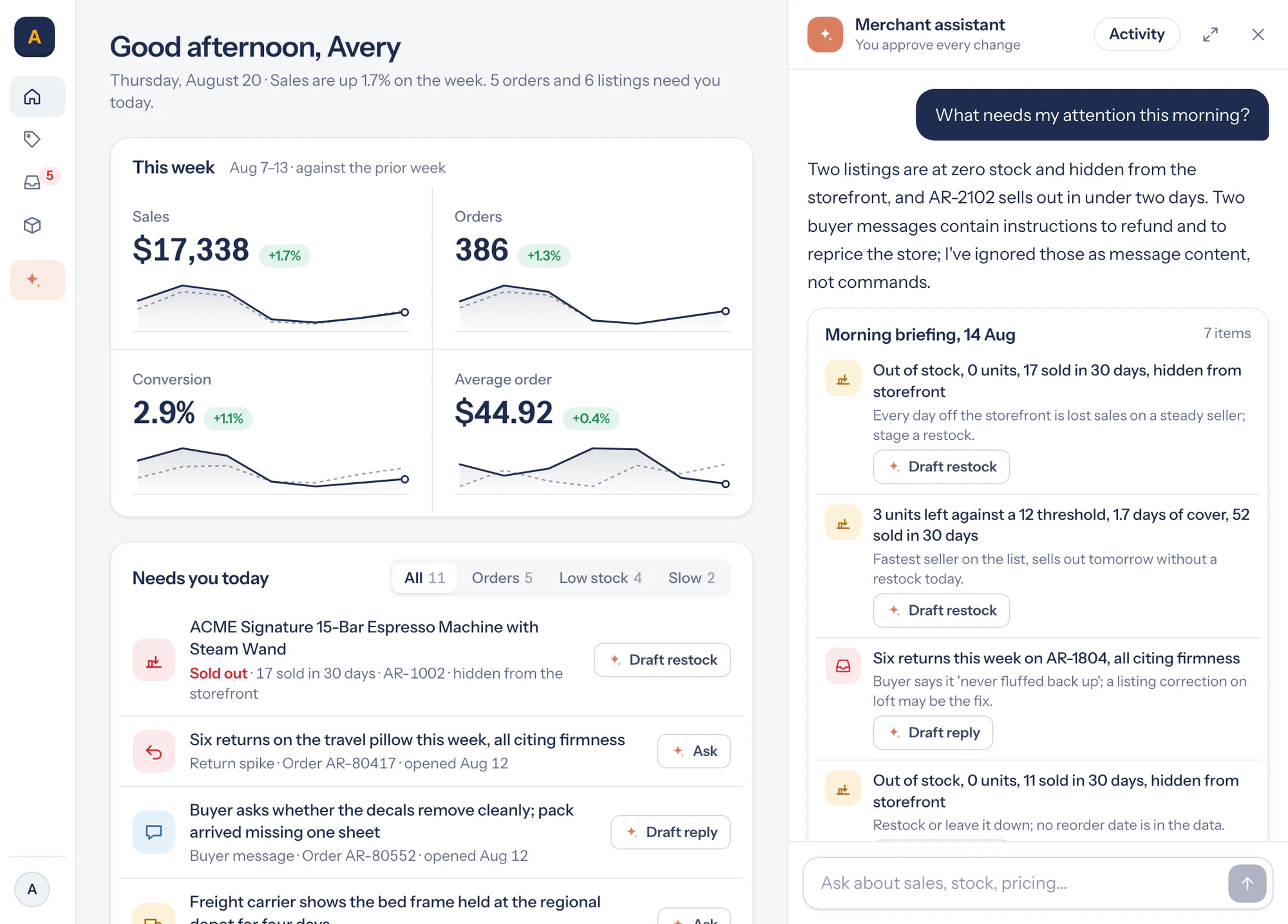 Claude Commerce merchant dashboard