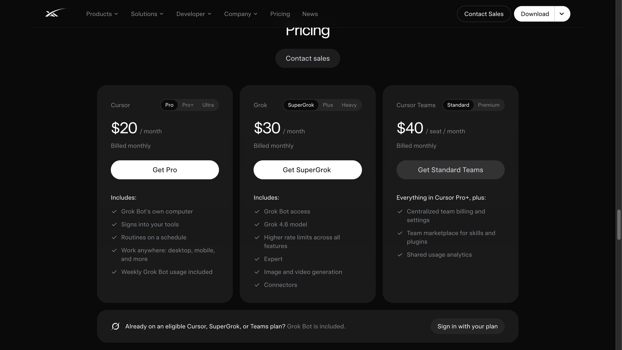 Grok Bot 官方 Pricing:Cursor、Grok、Cursor Teams 方案卡與 Grok Bot 包含功能