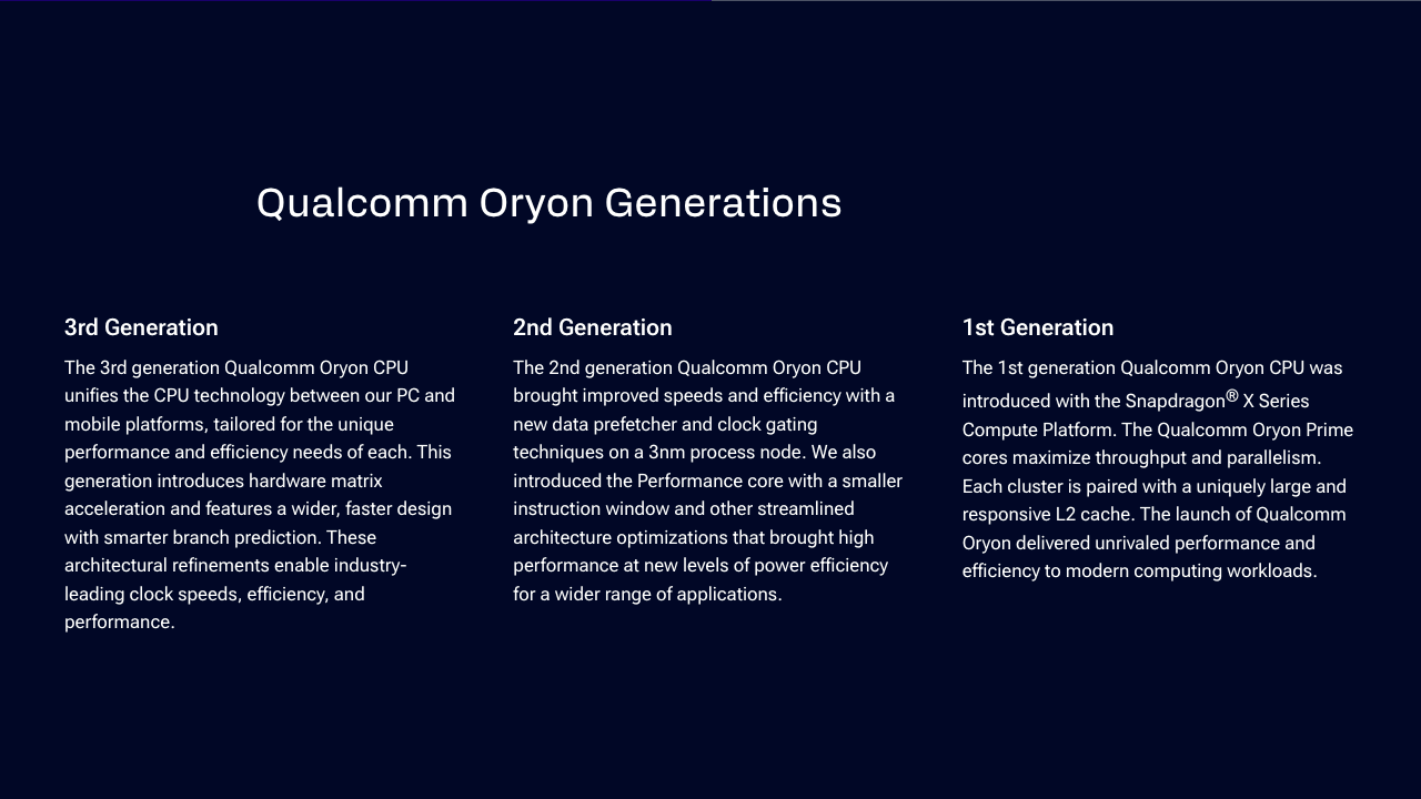 Oryon 官方頁回顧第一至第三代,並非 5GHz 新平台規格