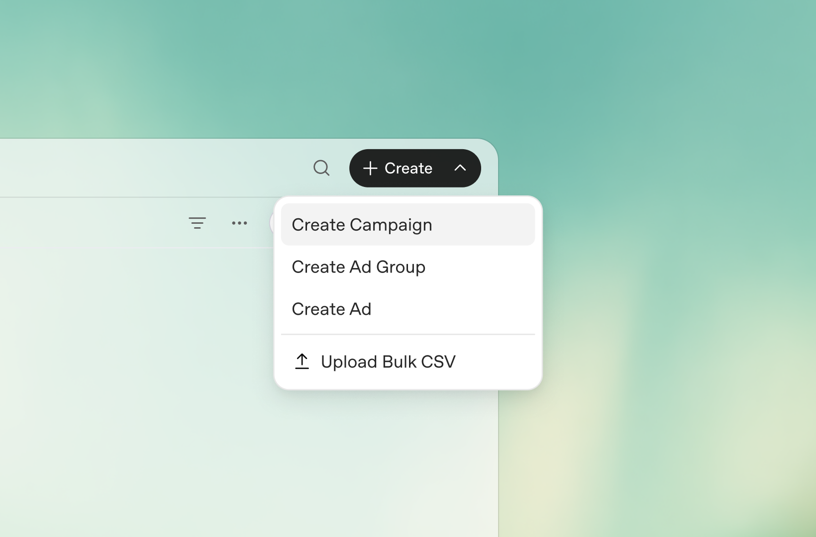 OpenAI illustration of the Ads Manager Create menu with Create Campaign, Create Ad Group, Create Ad and Upload Bulk CSV
