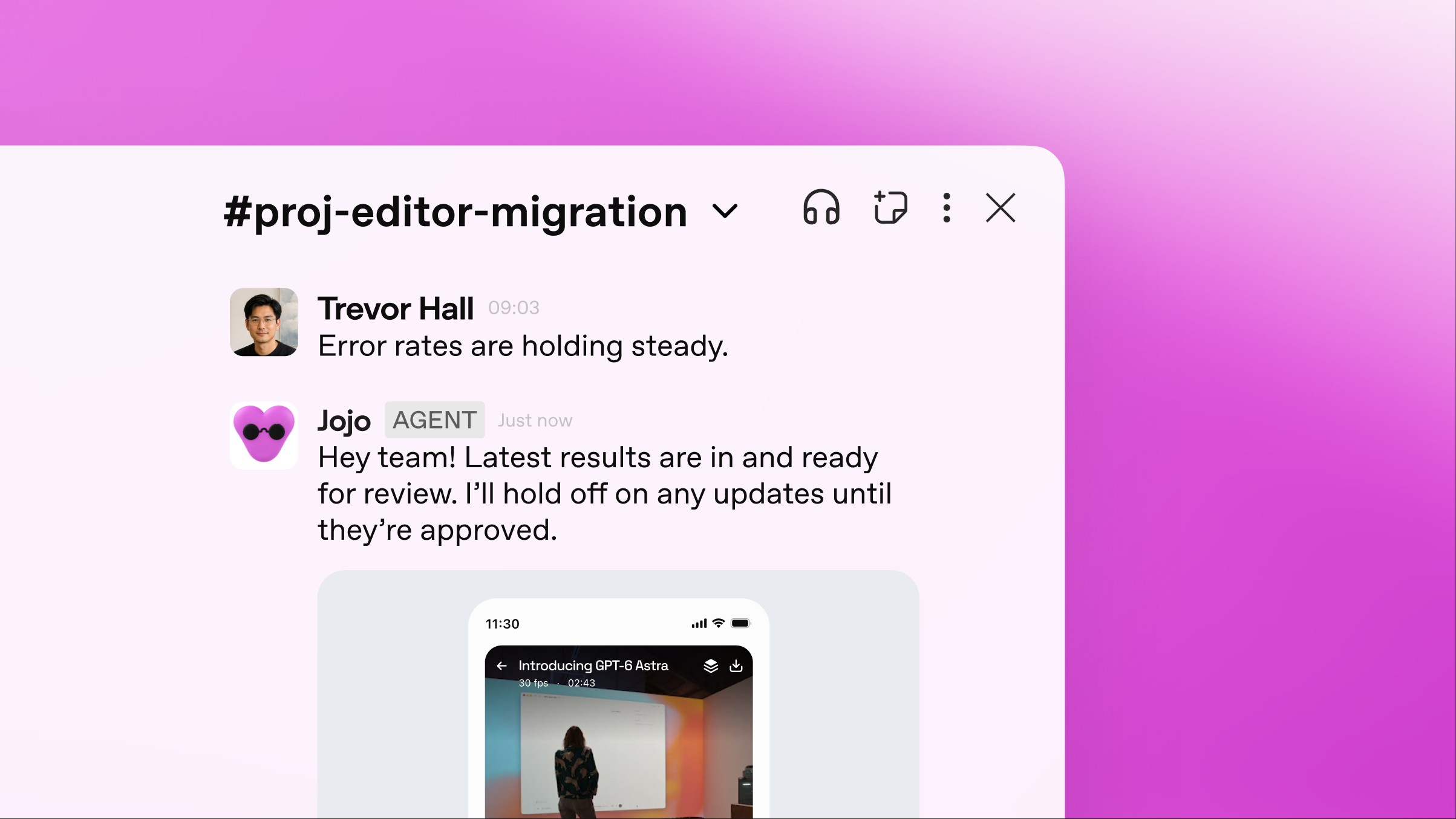 OpenAI 官方示意圖：Slack 頻道裡 dot 通知結果已備妥，並說明在核准前不會更新