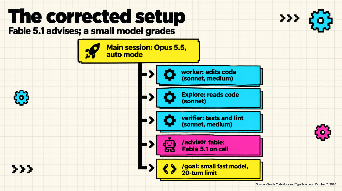Diagram: the corrected setup with Opus 5.5 main session, Sonnet subagents, Fable 5.1 on call through /advisor and /goal graded by the small fast model