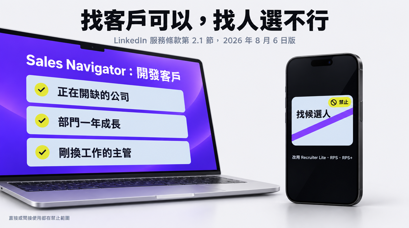 LinkedIn 服務條款第 2.1 節:Sales Navigator 可以開發客戶,不能找候選人