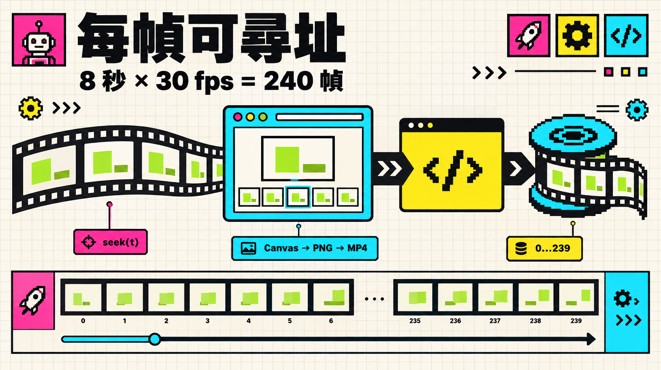 本文原創範例的 8 秒、30 fps、240 幀可尋址渲染流程概念圖