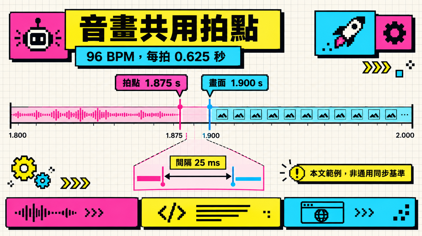 96 BPM 範例的拍點 1.875 秒與取樣畫面 1.900 秒相差 25 ms