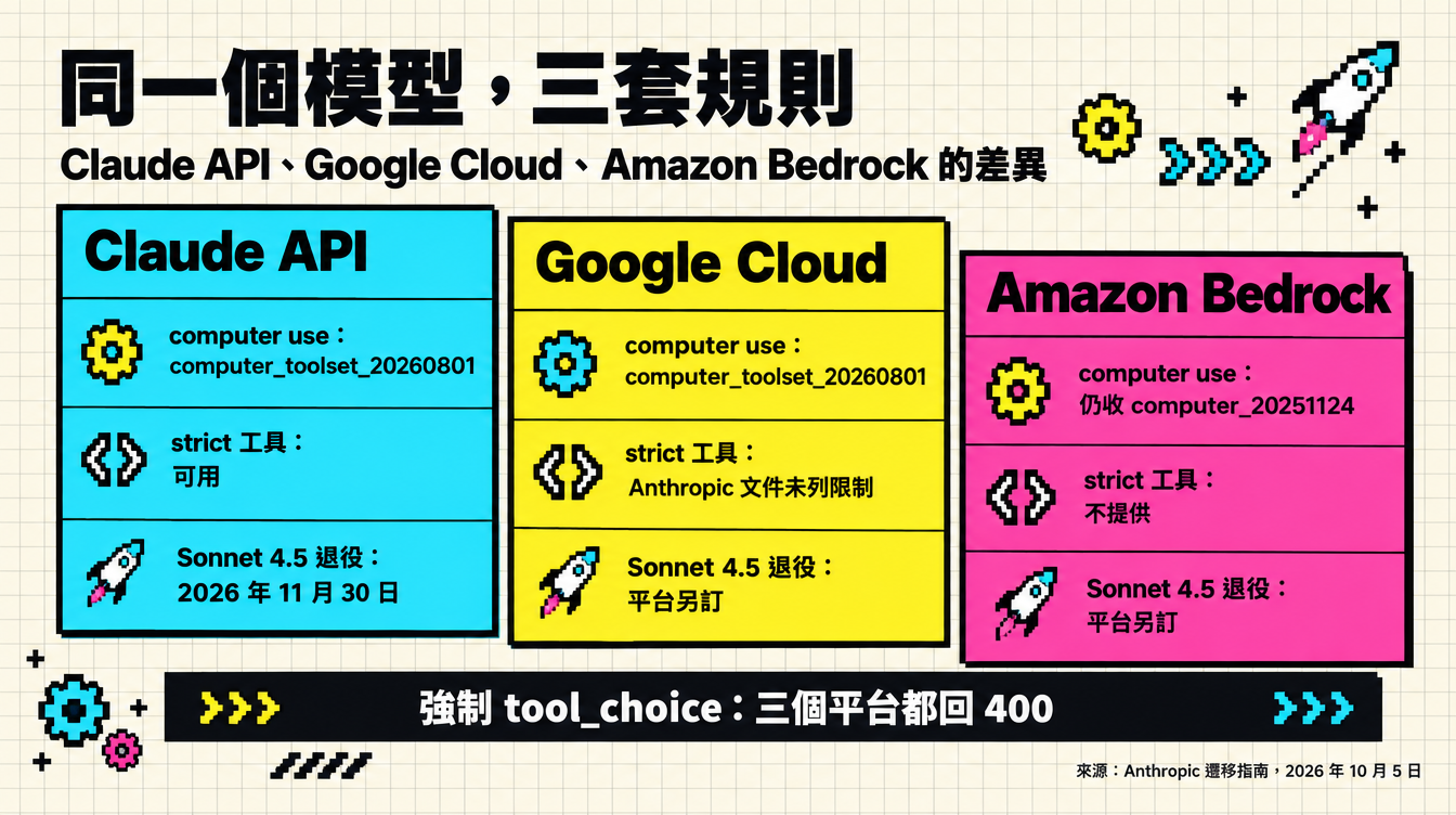Claude Sonnet 5.5 在 Claude API、Google Cloud 與 Amazon Bedrock 的規則對照