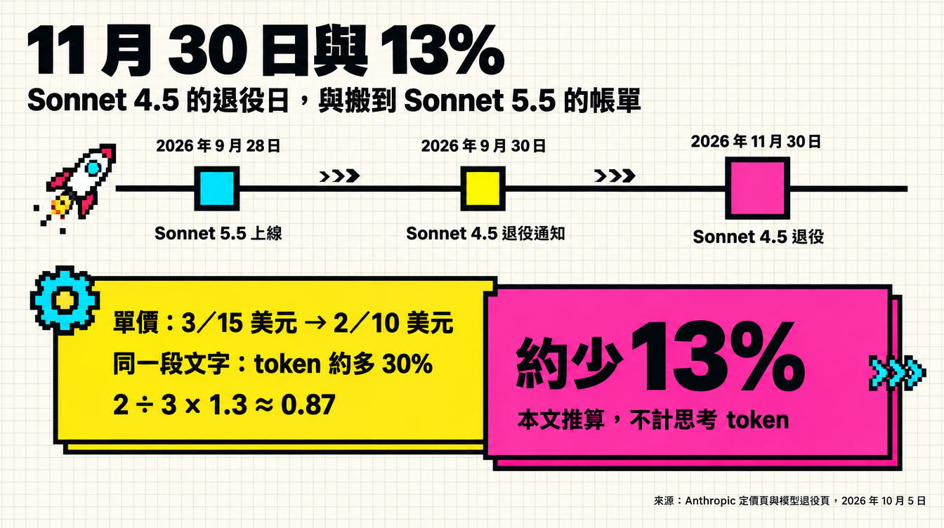 Sonnet 4.5 退役時程，與搬到 Claude Sonnet 5.5 約少 13% 的成本推算