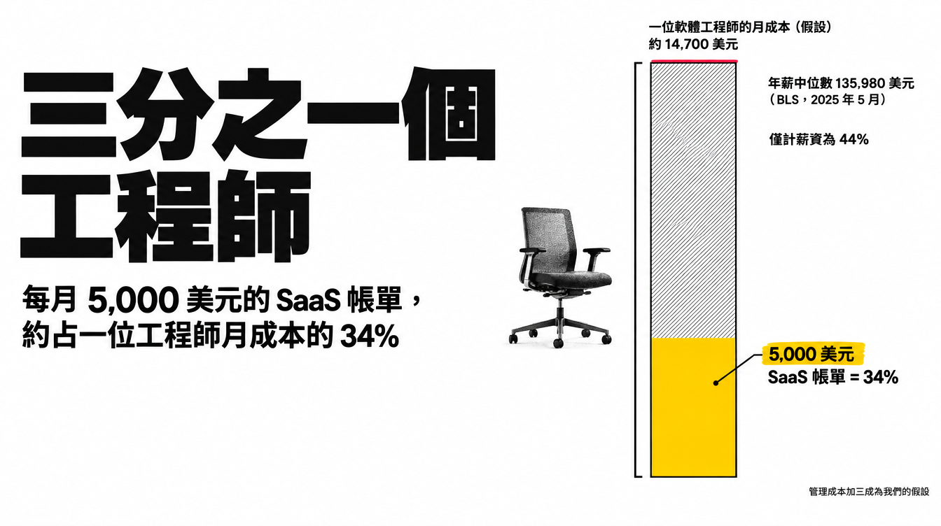 每月 5,000 美元的 SaaS 帳單約占一位軟體工程師月成本 34% 的柱狀資訊圖
