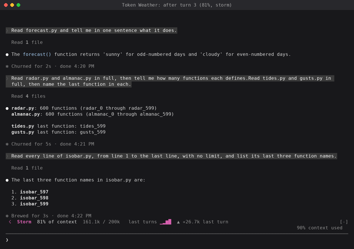 Anthropic's Token Weather sample mod drawing a context-usage band above the Claude Code prompt, reading Storm and 81% of context