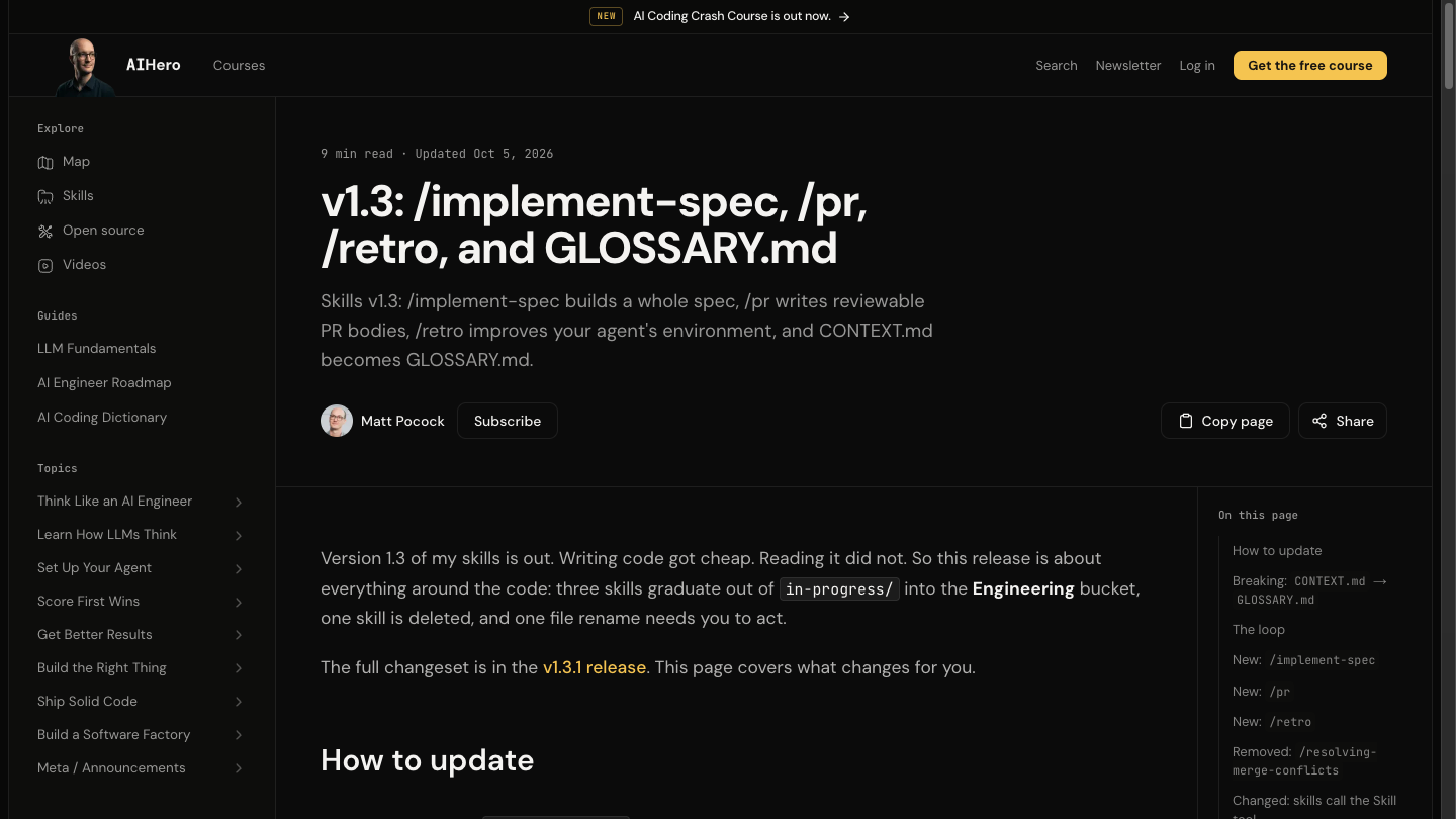 Official AI Hero v1.3 release announcement showing implement-spec, pr, retro, and GLOSSARY.md
