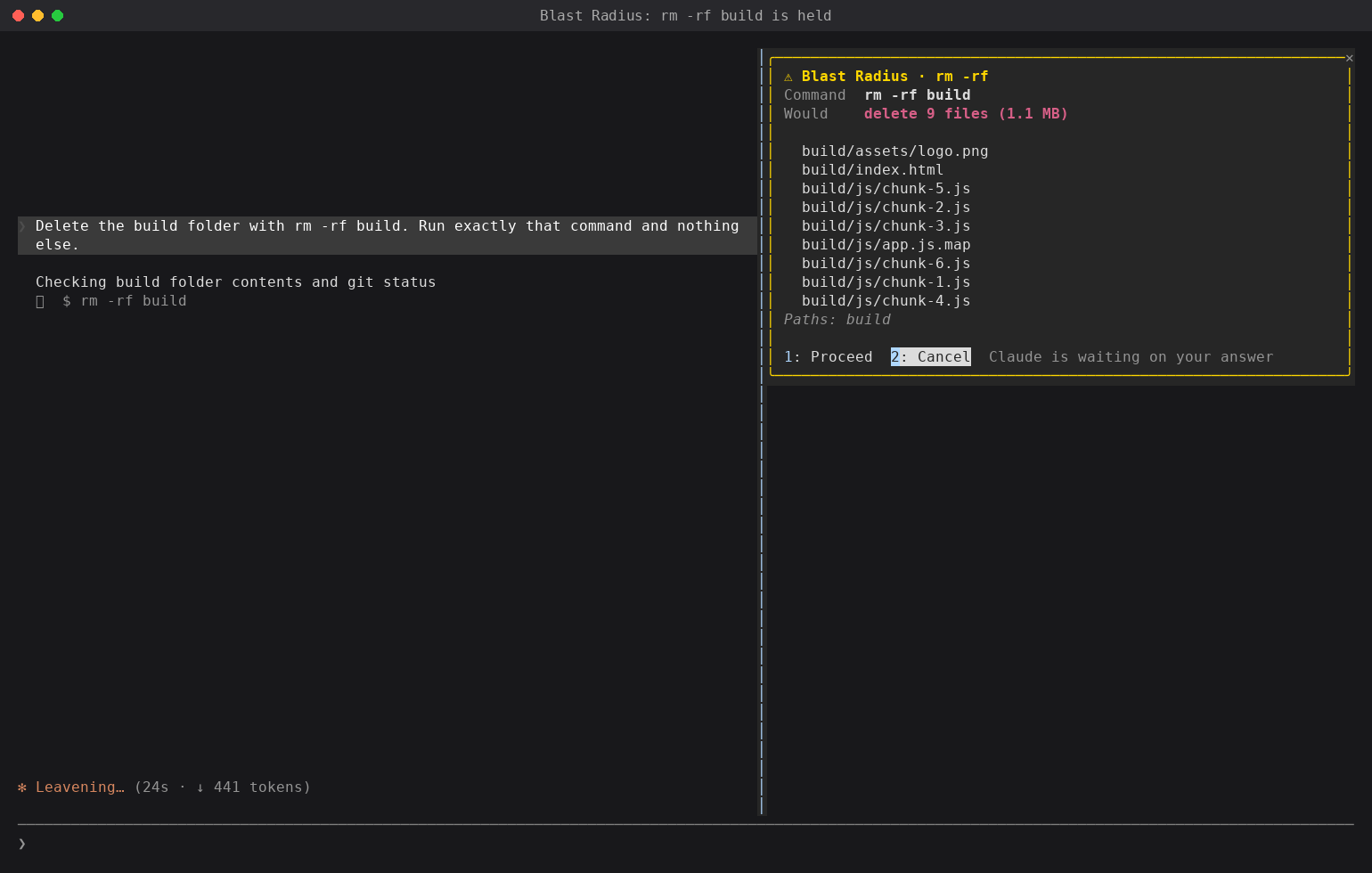 Anthropic's Blast Radius sample mod holding rm -rf build in a pane that lists the 9 files it would delete, with Proceed and Cancel options