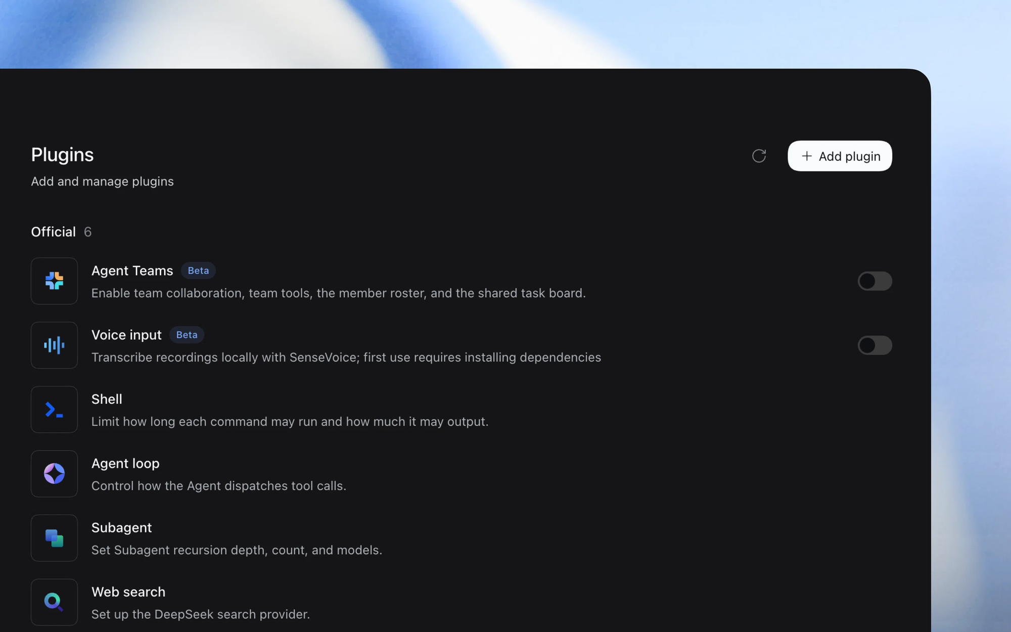 Official DeepSeek Harness Plugins page with the Official list of Agent Teams, Voice input, Shell, Agent loop, Subagent and Web search, and the Add plugin button at top right