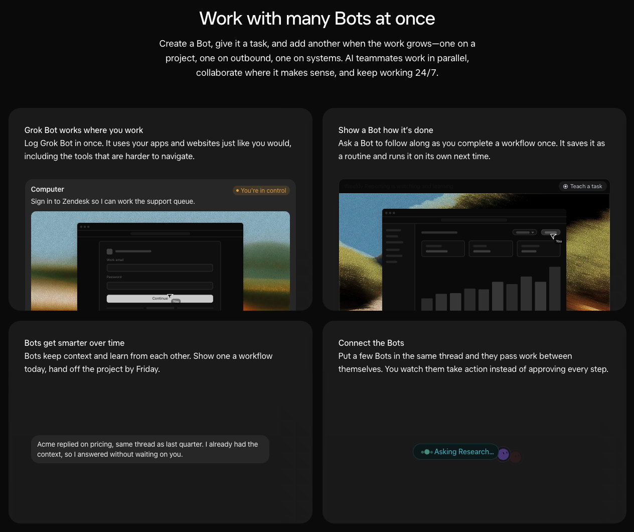 Four Grok Bot capability cards covering sign-in, demonstration, retained context and connecting Bots.