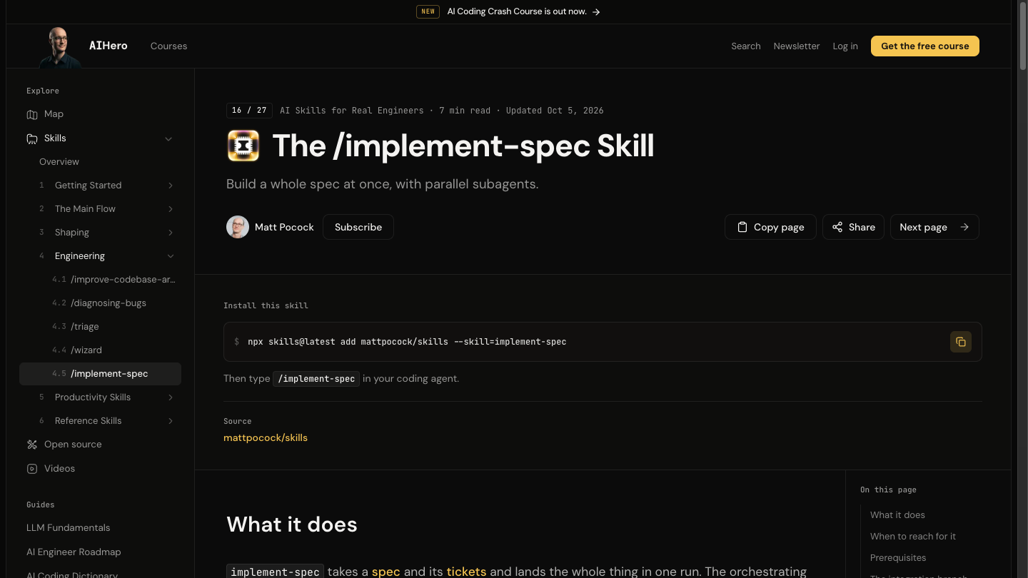 Official AI Hero documentation for the /implement-spec skill showing installation and parallel subagent execution